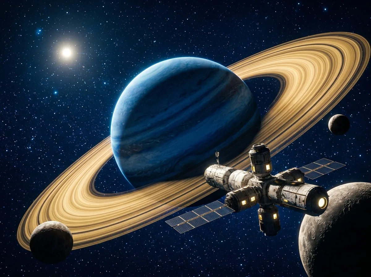 A ringed star system seen from orbit