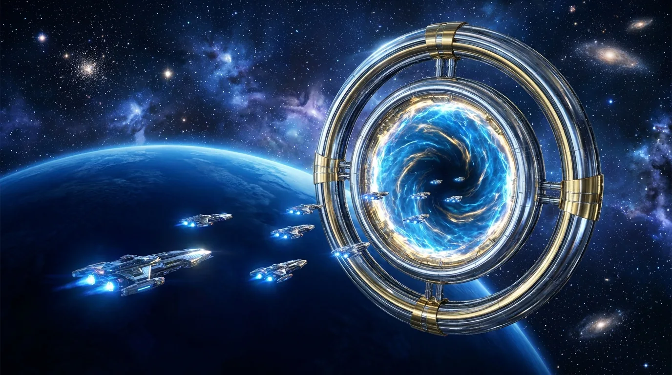 A warpgate opening before a fleet